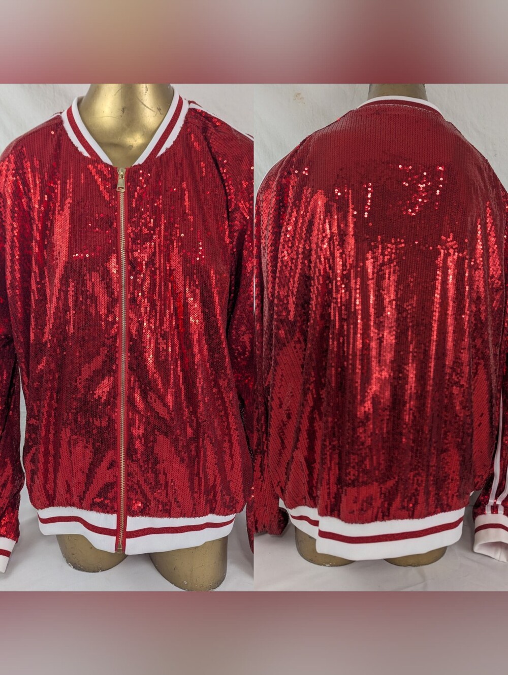 anna-kaci NWT Red Sequin Bomber Jacket Women Size XXL